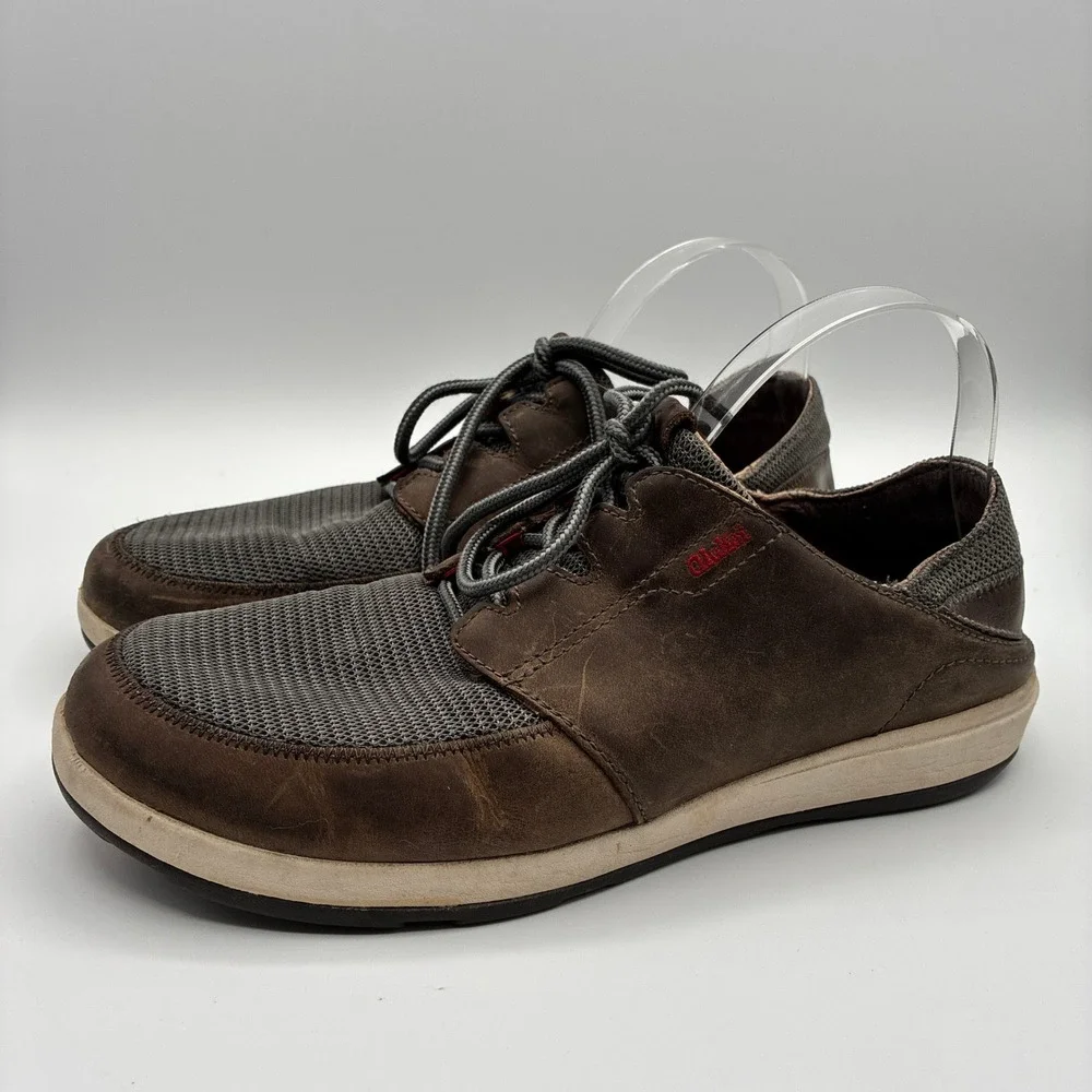 OluKai Makia Leather Boat Shoes Mens 9 EU 42 Brown Gray Lace Up Sneakers